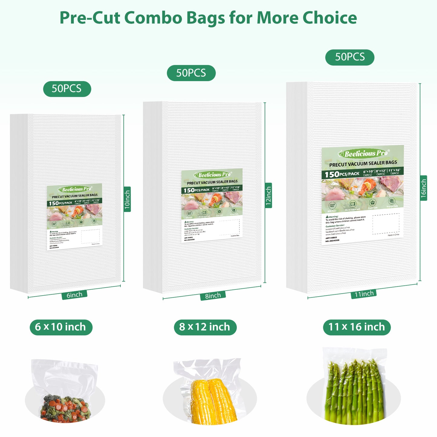 Vacuum Sealer Bags for Food Storage 150 Gallon 11" x 16" and Quart 8" x 12" and Pint 6" x 10", with BPA-Free, Commercial PreCut Vacuum Seal Bags for Sous Vide & Seal a Meal