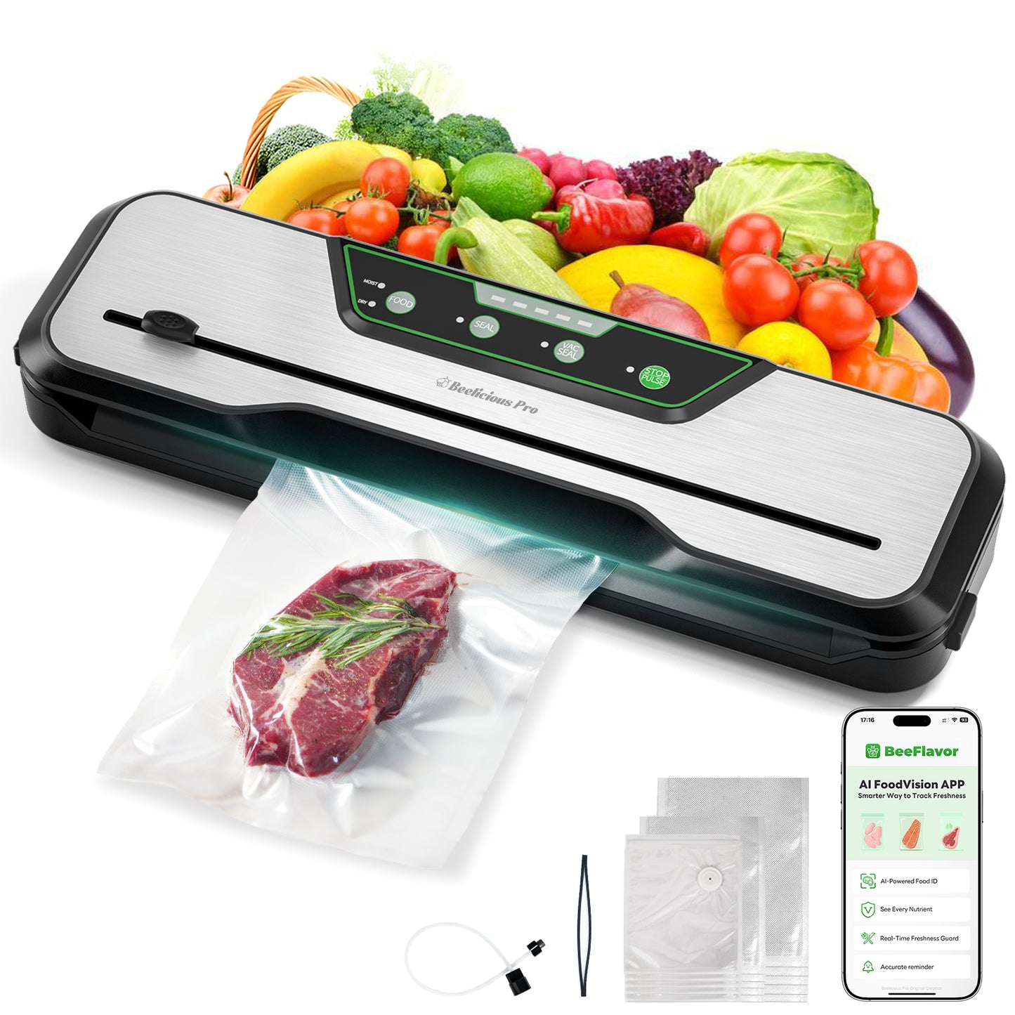 Automatic Food Vacuum Sealer Machine | Beelicious Pro 80KPa 8-In-1 Food Vacuum Saver with Starter Kits | 15 Bags, Pulse Function, Moist & Dry Mode and External VAC for Jars and Containers