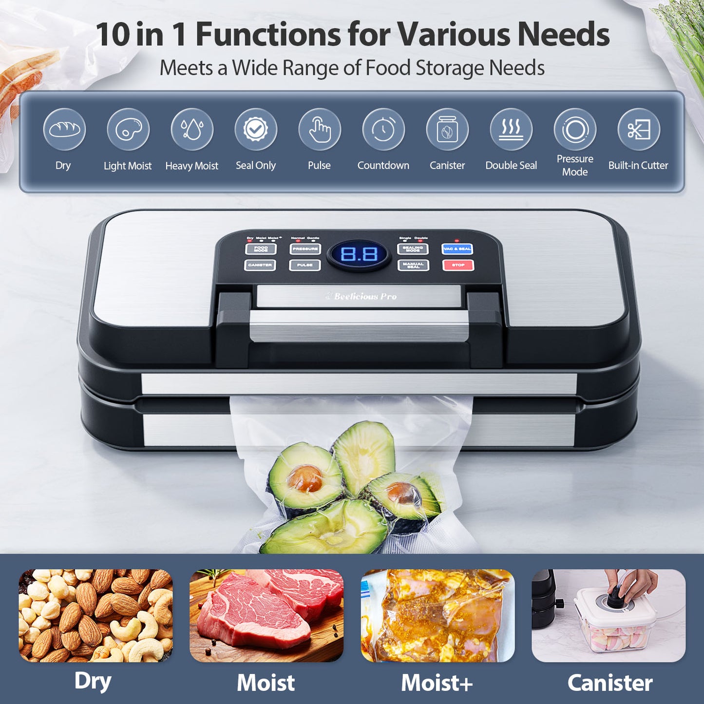 95Kpa Powerful Precision Pro Vacuum Sealer, with 10-in-1 Functions, Easy-Lock Handle, Double Heat Seal & Double Pump, Vacuum Sealer Machine for Food with Bags Storage, Built-in Cutter, Stainless Steel
