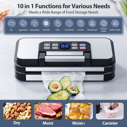 95Kpa Powerful Precision Pro Vacuum Sealer, with 10-in-1 Functions, Easy-Lock Handle, Double Heat Seal & Double Pump, Vacuum Sealer Machine for Food with Bags Storage, Built-in Cutter, Stainless Steel
