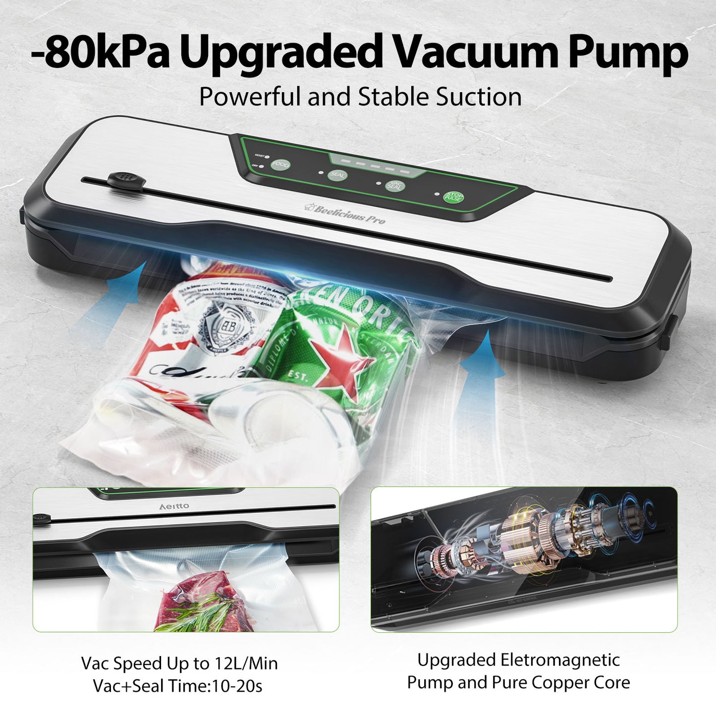 Automatic Food Vacuum Sealer Machine | Beelicious Pro 80KPa 8-In-1 Food Vacuum Saver with Starter Kits | 15 Bags, Pulse Function, Moist & Dry Mode and External VAC for Jars and Containers