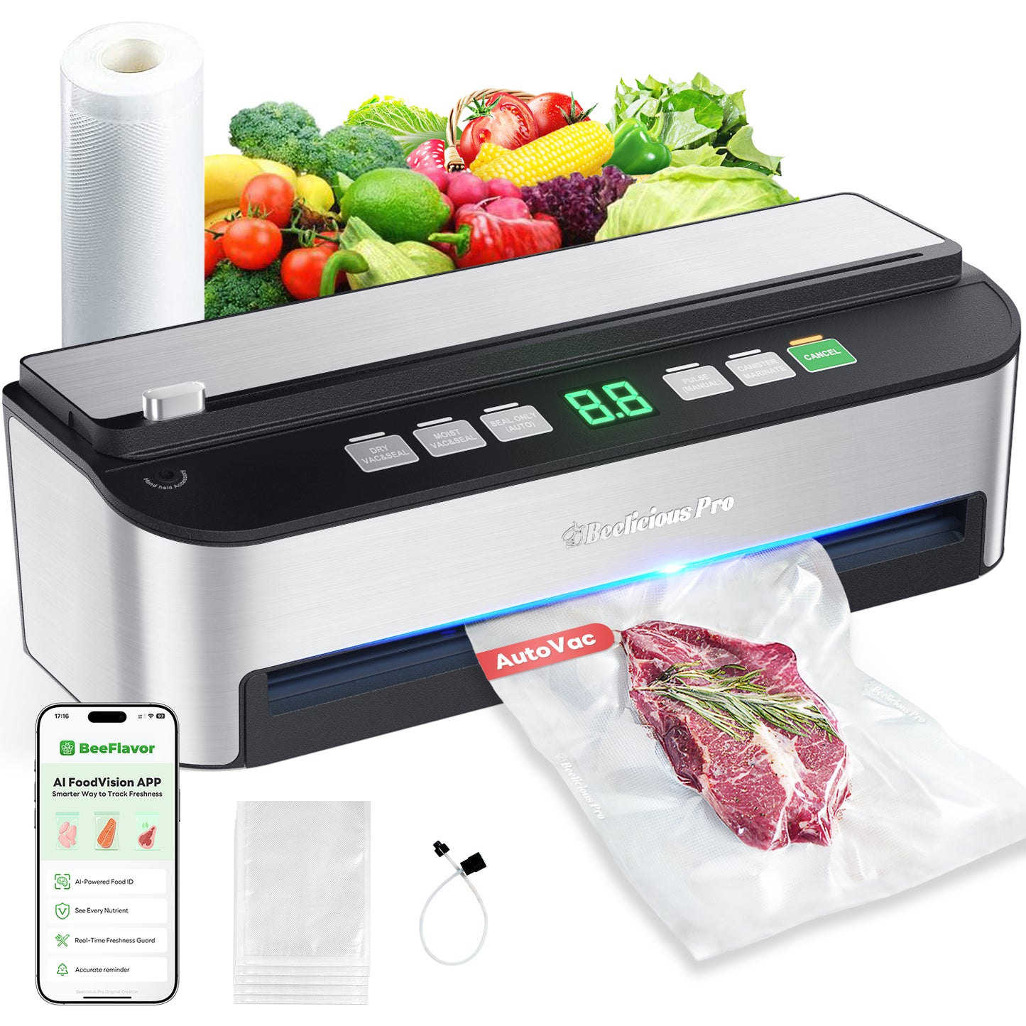 Vacuum Sealer Machine, Beelicious 85KPA Fully Automatic 8-IN-1 Food Sealer with Bags Storage, Build-in Cutter, Moist Mode, Air Suction Hose