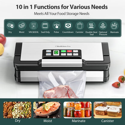 Precision Vacuum Sealer Machine, 2X Seal&130W Commercial Full Automatic Food Sealer, Powerful Food Preservation System with Handle,Built-in Cutter&Bags Storage&Hose,2 Bags Rolls,Stainless Steel