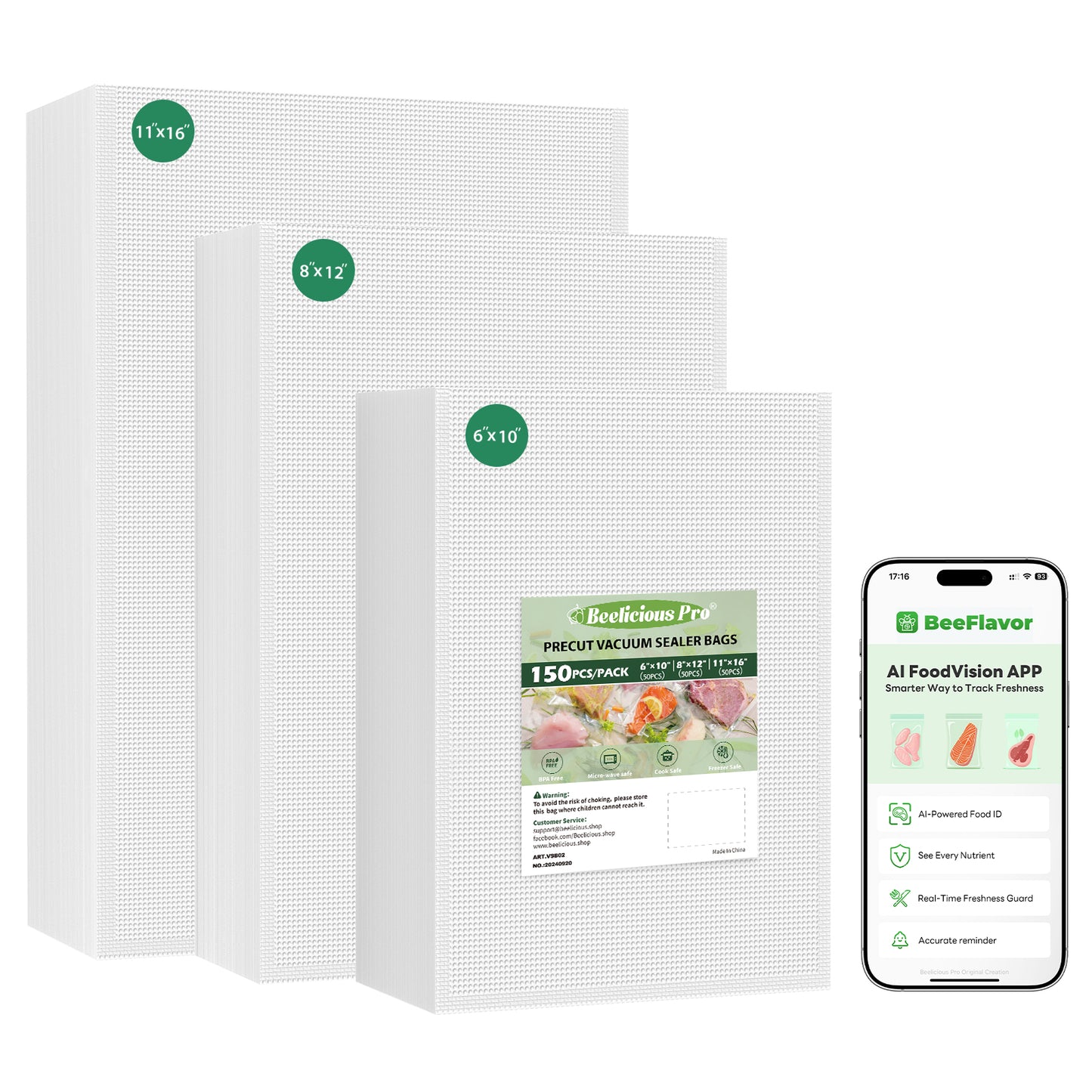 Vacuum Sealer Bags for Food Storage 150 Gallon 11" x 16" and Quart 8" x 12" and Pint 6" x 10", with BPA-Free, Commercial PreCut Vacuum Seal Bags for Sous Vide & Seal a Meal