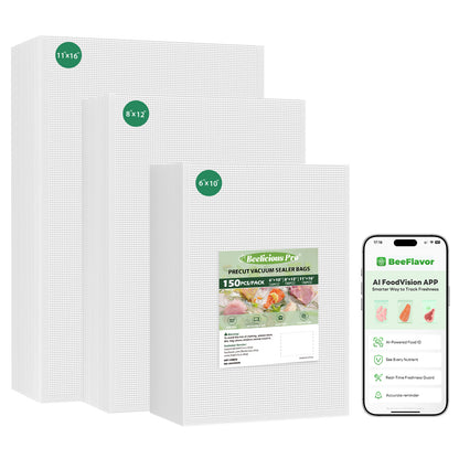 Vacuum Sealer Bags for Food Storage 150 Gallon 11" x 16" and Quart 8" x 12" and Pint 6" x 10", with BPA-Free, Commercial PreCut Vacuum Seal Bags for Sous Vide & Seal a Meal