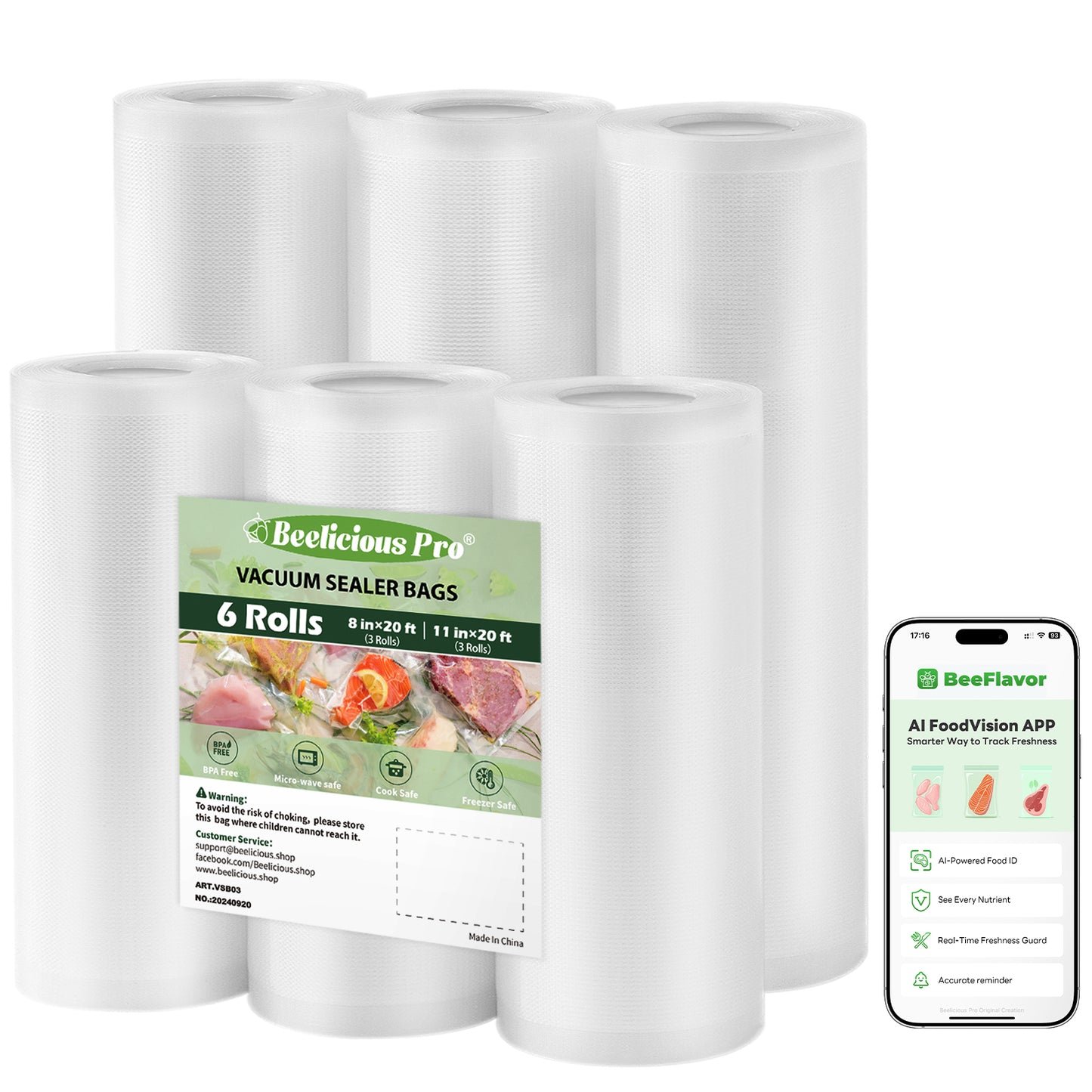 Vacuum Sealer Bags Rolls for Food 6 Pack 3 Rolls 11" x 20' and 3 Rolls 8" x 20' Commercial Grade with BPA-Free, Durable Customized Size Food Storage Bags for Sous Vide
