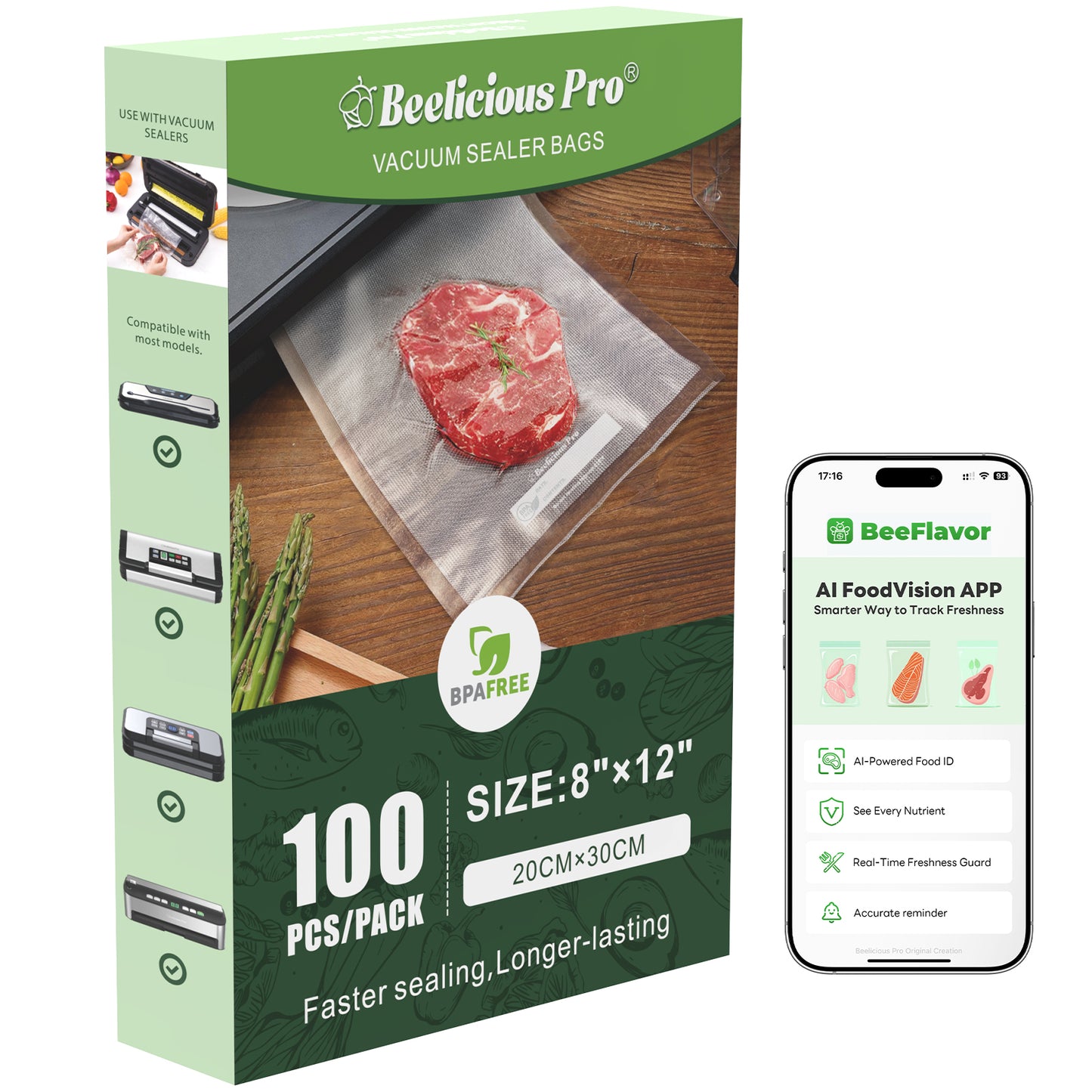 Precut Vacuum Sealer Bags for Food Storage 100 Count 8" x 12" with BPA-Free, Heavy Duty, Commercial Vacuum Seal Bags for Sous Vide & Seal a Meal