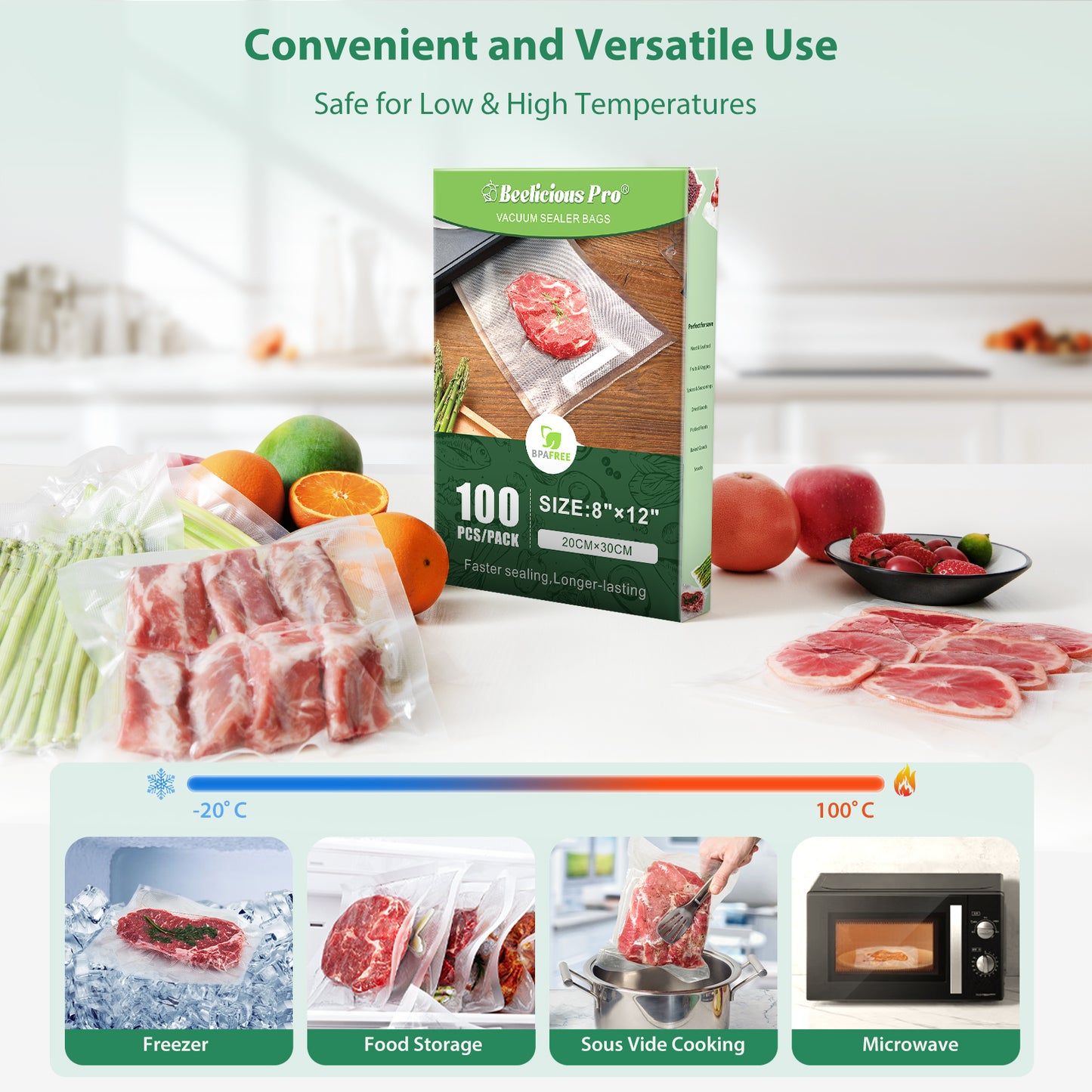 Precut Vacuum Sealer Bags for Food Storage 100 Count 8" x 12" with BPA-Free, Heavy Duty, Commercial Vacuum Seal Bags for Sous Vide & Seal a Meal