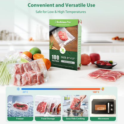 Precut Vacuum Sealer Bags for Food Storage 100 Count 8" x 12" with BPA-Free, Heavy Duty, Commercial Vacuum Seal Bags for Sous Vide & Seal a Meal