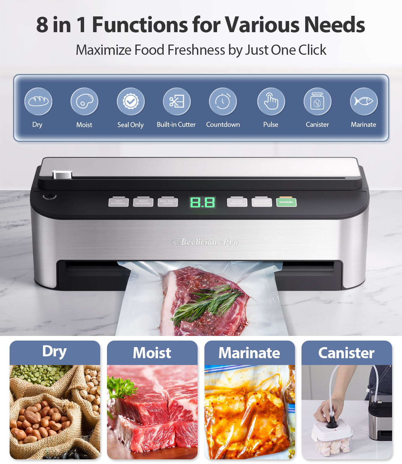Vacuum Sealer Machine, Beelicious 85KPA Fully Automatic 8-IN-1 Food Sealer with Bags Storage, Build-in Cutter, Moist Mode, Air Suction Hose