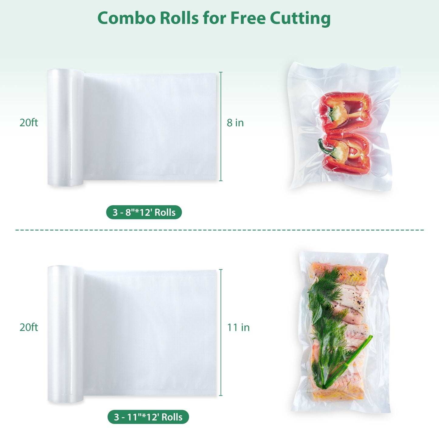 Vacuum Sealer Bags Rolls for Food 6 Pack 3 Rolls 11" x 20' and 3 Rolls 8" x 20' Commercial Grade with BPA-Free, Durable Customized Size Food Storage Bags for Sous Vide