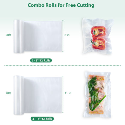 Vacuum Sealer Bags Rolls for Food 6 Pack 3 Rolls 11" x 20' and 3 Rolls 8" x 20' Commercial Grade with BPA-Free, Durable Customized Size Food Storage Bags for Sous Vide