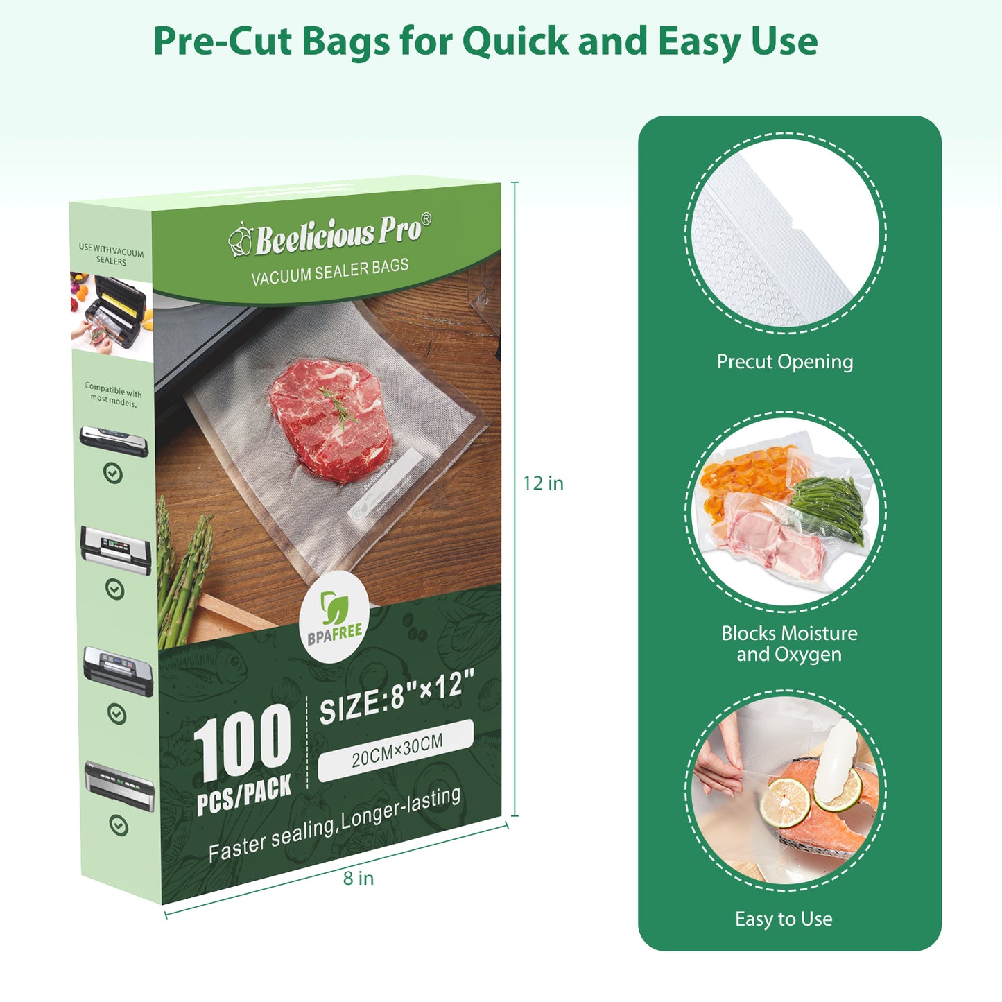 Precut Vacuum Sealer Bags for Food Storage 100 Count 8" x 12" with BPA-Free, Heavy Duty, Commercial Vacuum Seal Bags for Sous Vide & Seal a Meal