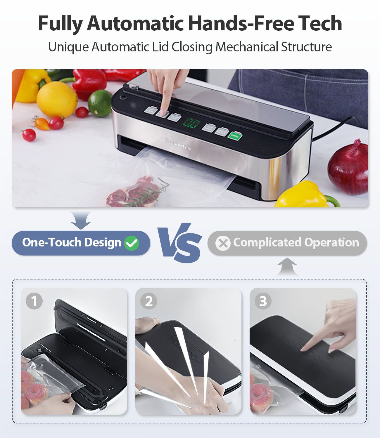 Vacuum Sealer Machine, Beelicious 85KPA Fully Automatic 8-IN-1 Food Sealer with Bags Storage, Build-in Cutter, Moist Mode, Air Suction Hose