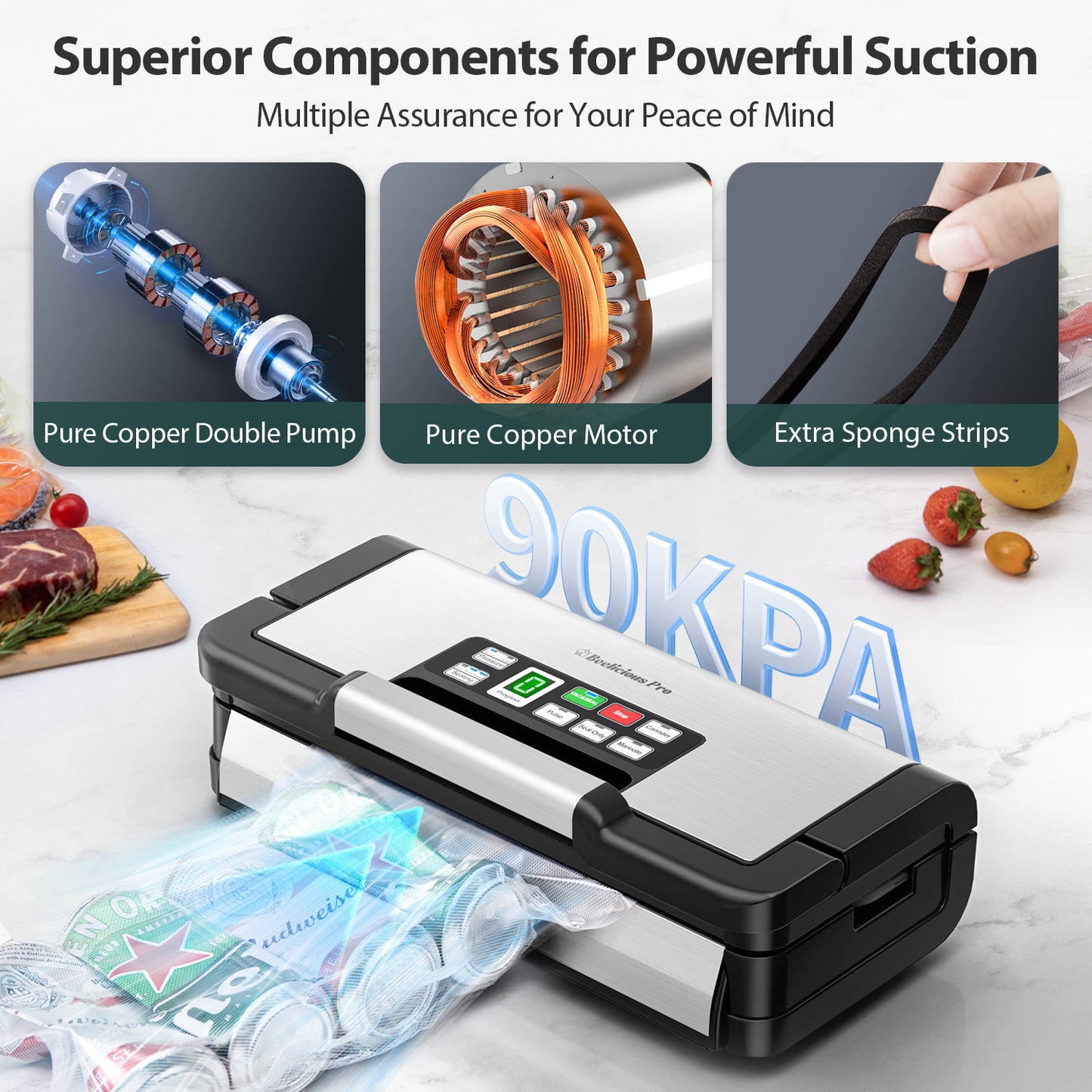 Precision Vacuum Sealer Machine, 2X Seal&130W Commercial Full Automatic Food Sealer, Powerful Food Preservation System with Handle,Built-in Cutter&Bags Storage&Hose,2 Bags Rolls,Stainless Steel